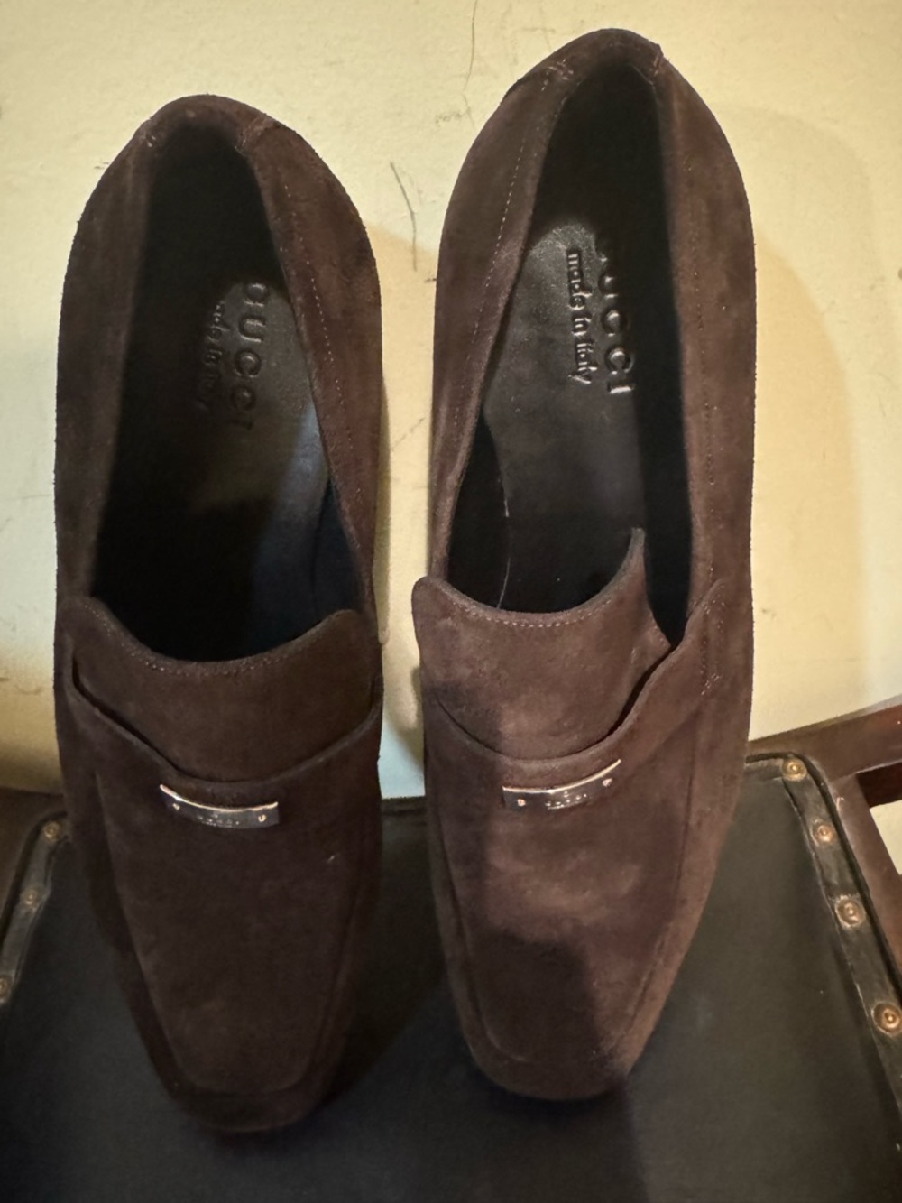 Gucci Brown Suede Men’s Slip-On Loafers with Metal Accent